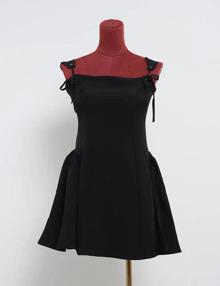 Chic Solid Color Bow Strap Puff Hem Mini Dress