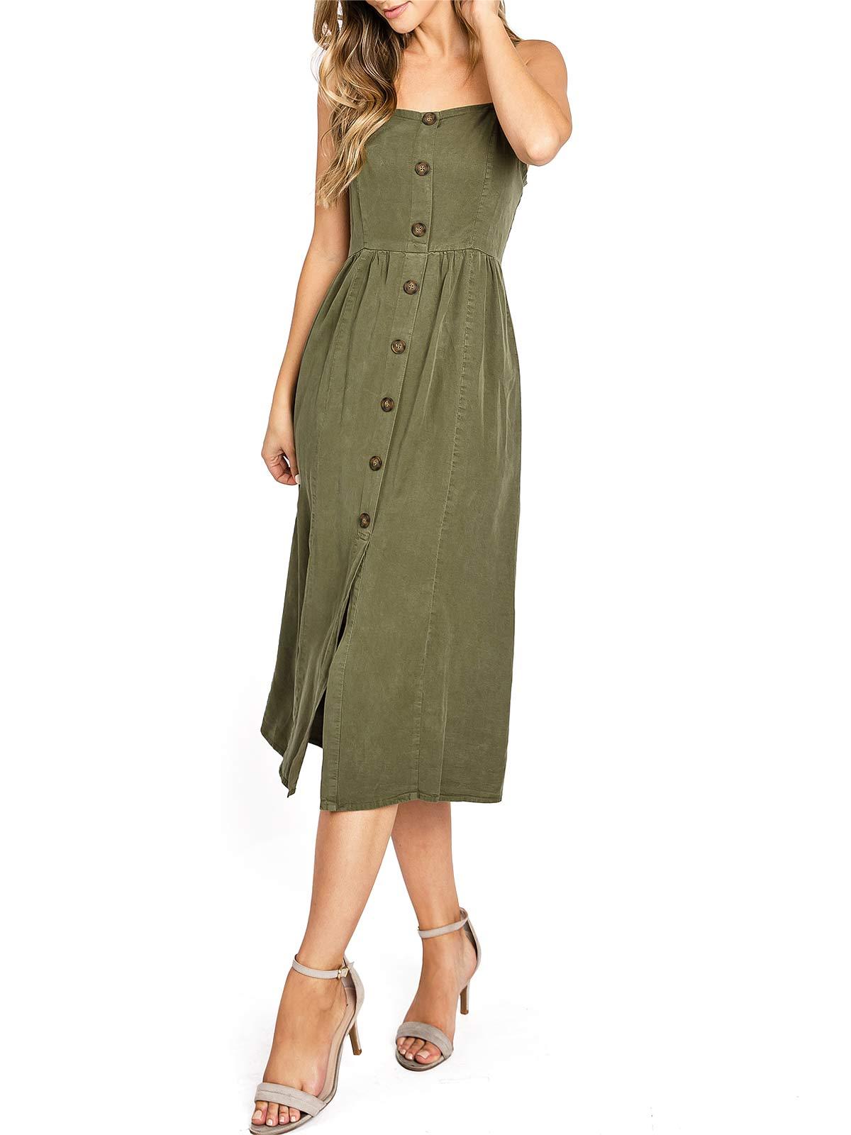 Light Blue Button - Front Spaghetti - Strap Dress