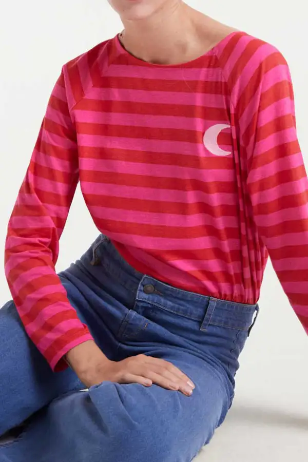 Striped Embroidered Long Sleeve Relaxed Tee