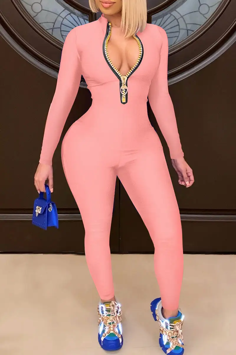 Casual Solid Split Joint Zipper Collar Skinny Jumpsuits