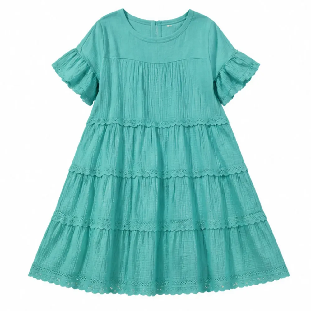 Tiered Lace Trim Pocket Midi Dress