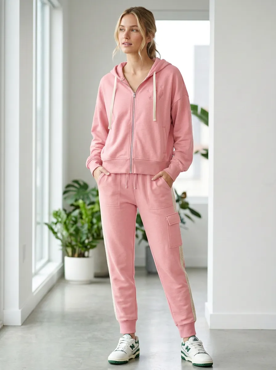 Women's Olive Green Floral Embroidered Zip-up Hoodie Jogger Set