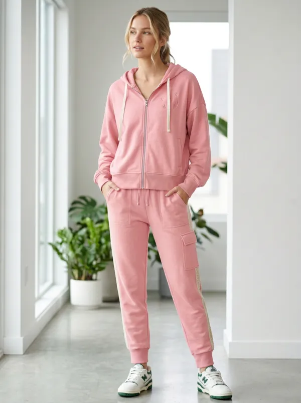 Women's Olive Green Floral Embroidered Zip-up Hoodie Jogger Set
