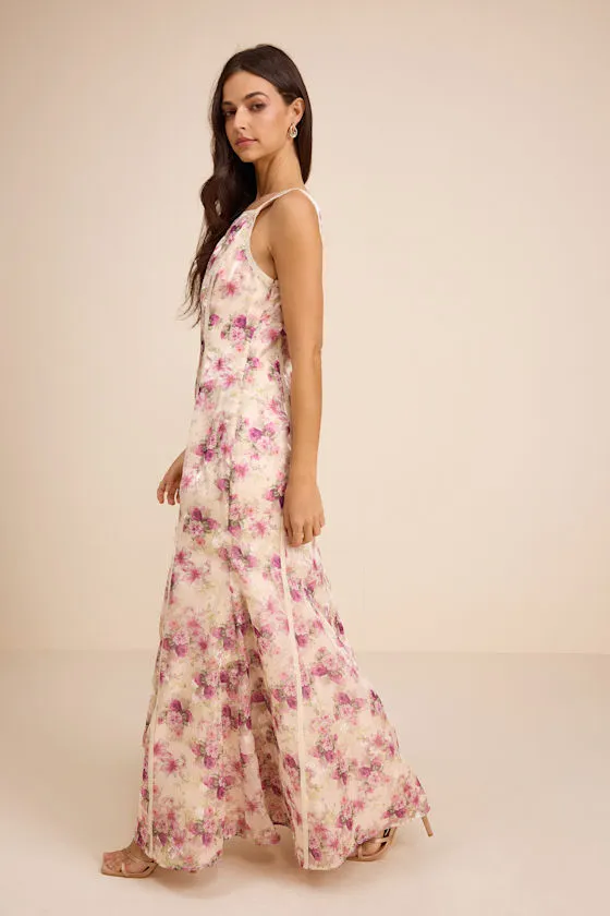 Morgan Cream Floral Backless Mermaid Maxi Dress