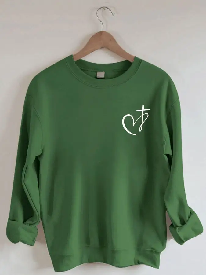 Women's Heart Cross Christian Jesus Has My Back Print Sweatshirt