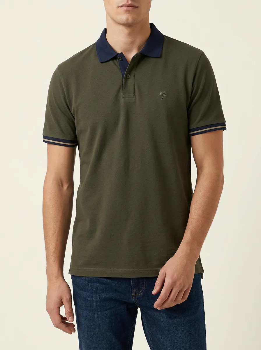Men's Tropical Summer Palm Tree Embroidered Olive Polo Shirt