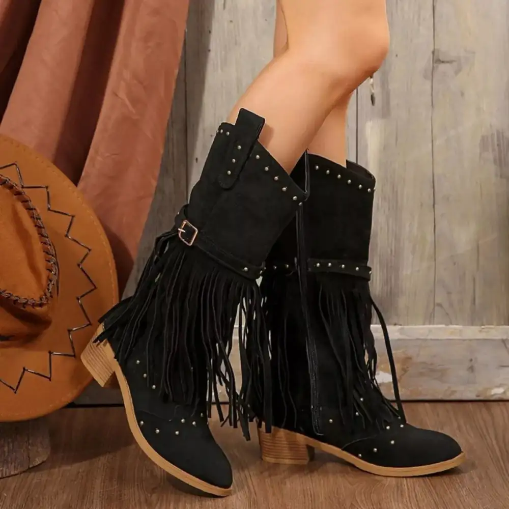 Refined Fringe Point Toe Block Heels Boots