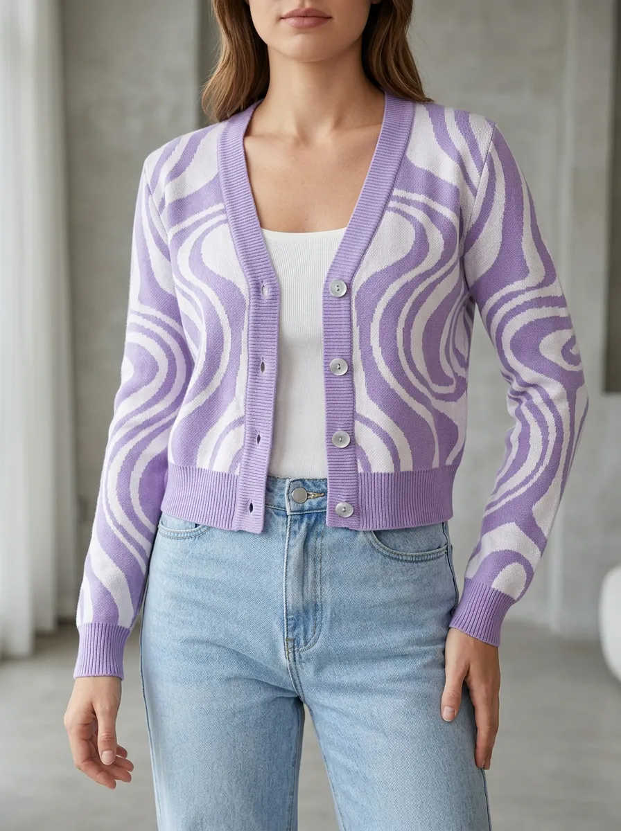 Women's Purple White Swirl Pattern Printed Cardigan