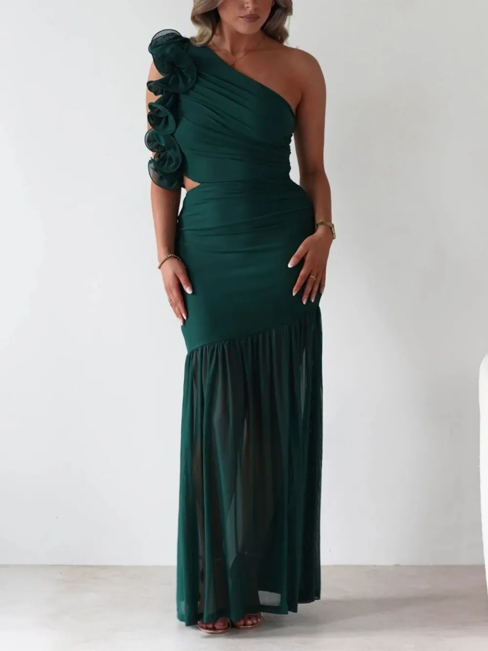 One Shoulder Ruffle Trim Maxi Dress
