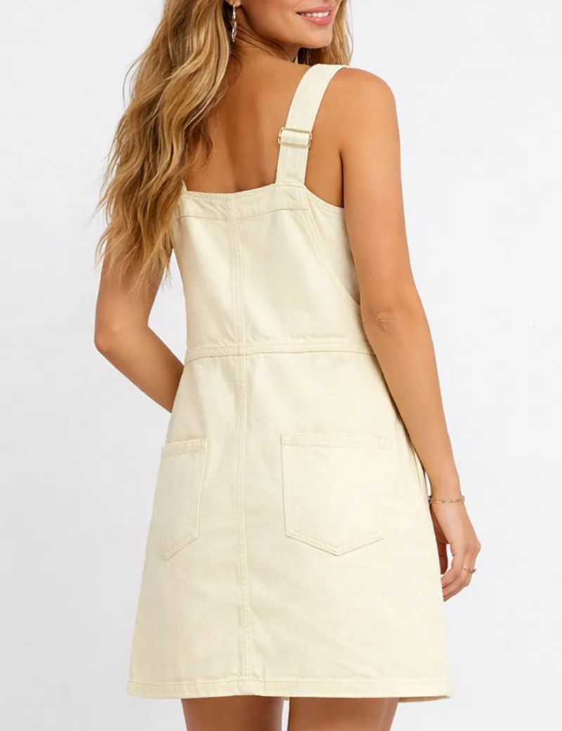 Strap Shoulder Solid Color Pocket Denim Mini Dress
