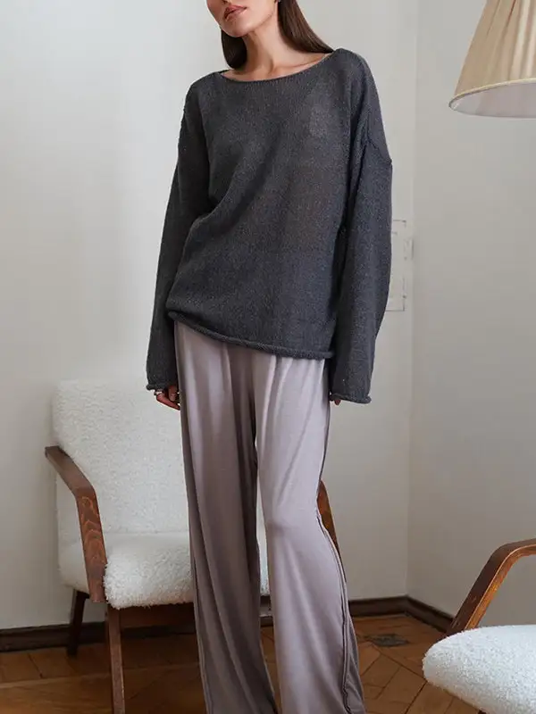 Sheer Detail Paneled Round Neck Long Sleeve Relaxed Fit Sweater