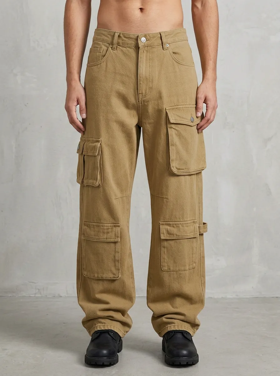 Men's Washed Black Multi-Pocket Straight-Leg Denim Cargo Pants