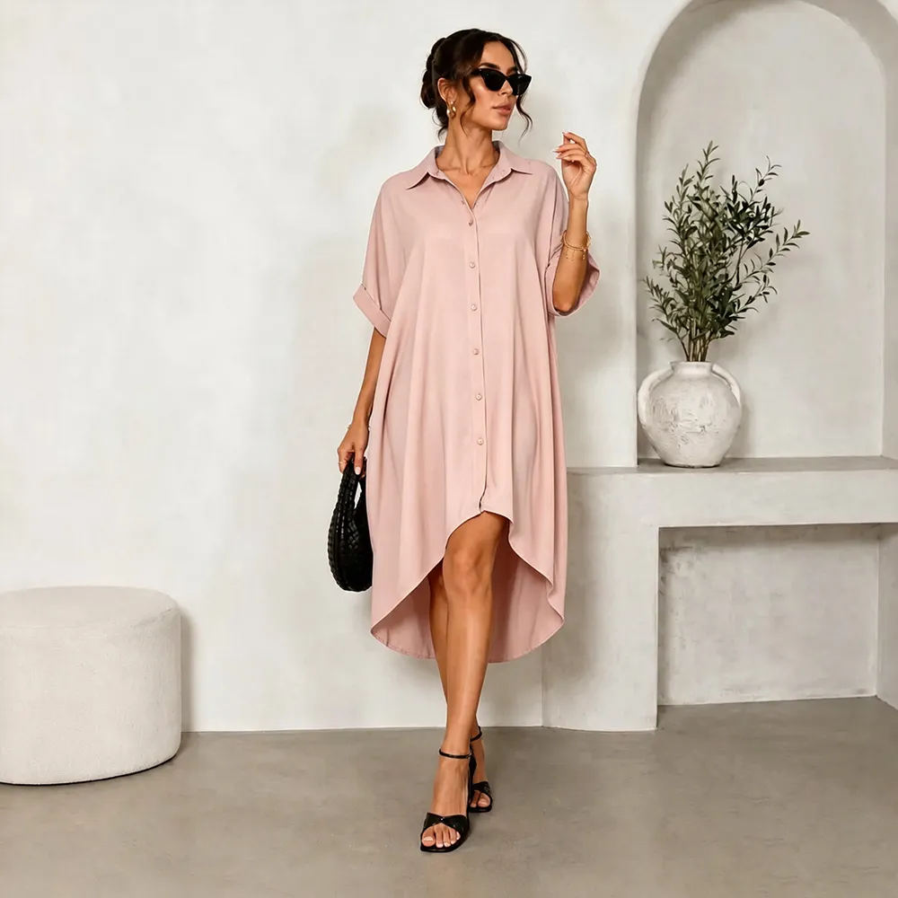 Women Turn-Down Collar Button Up Shirt Dress