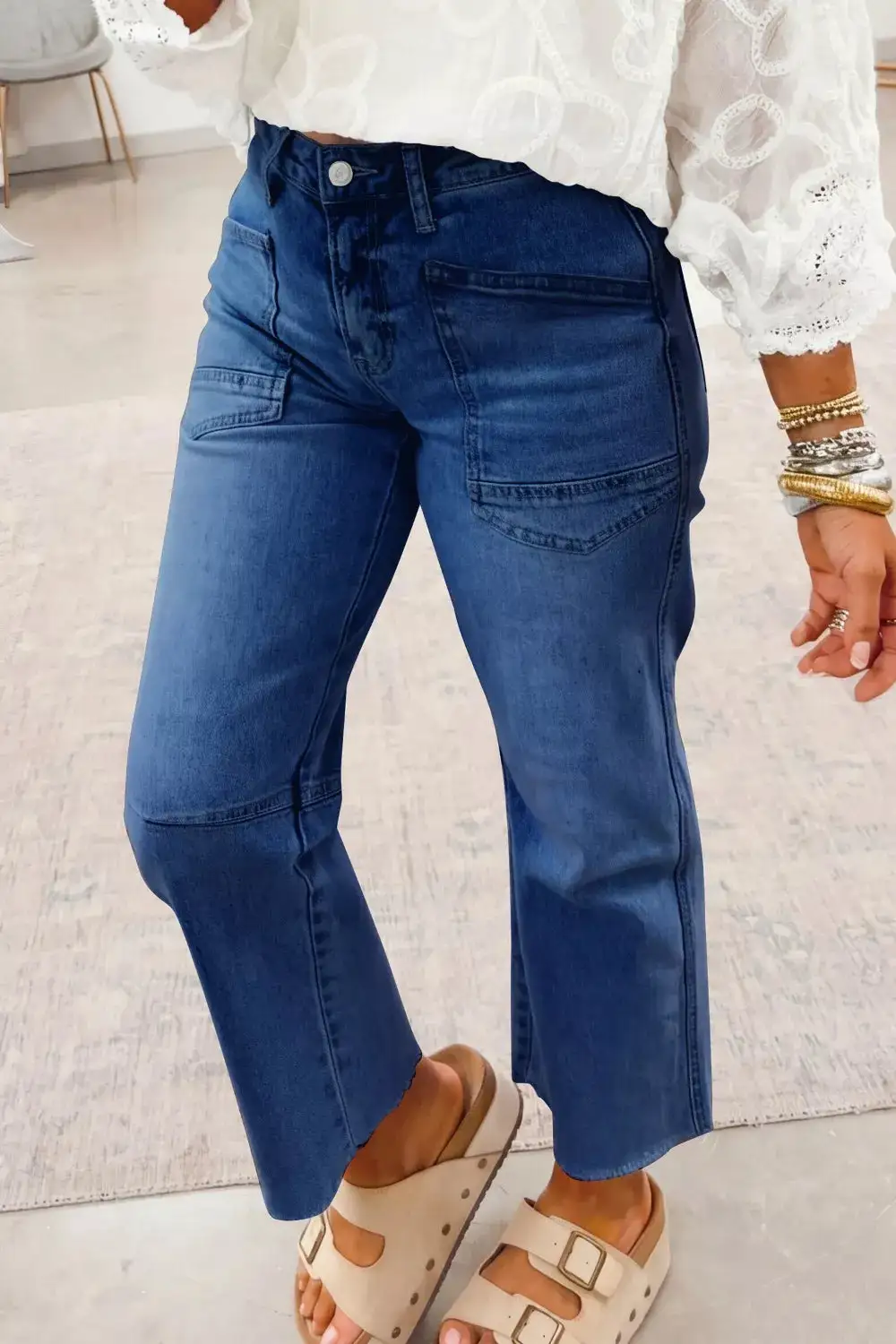 High-Waist Raw-Hem Washed Pocketed Straight Leg Jeans
