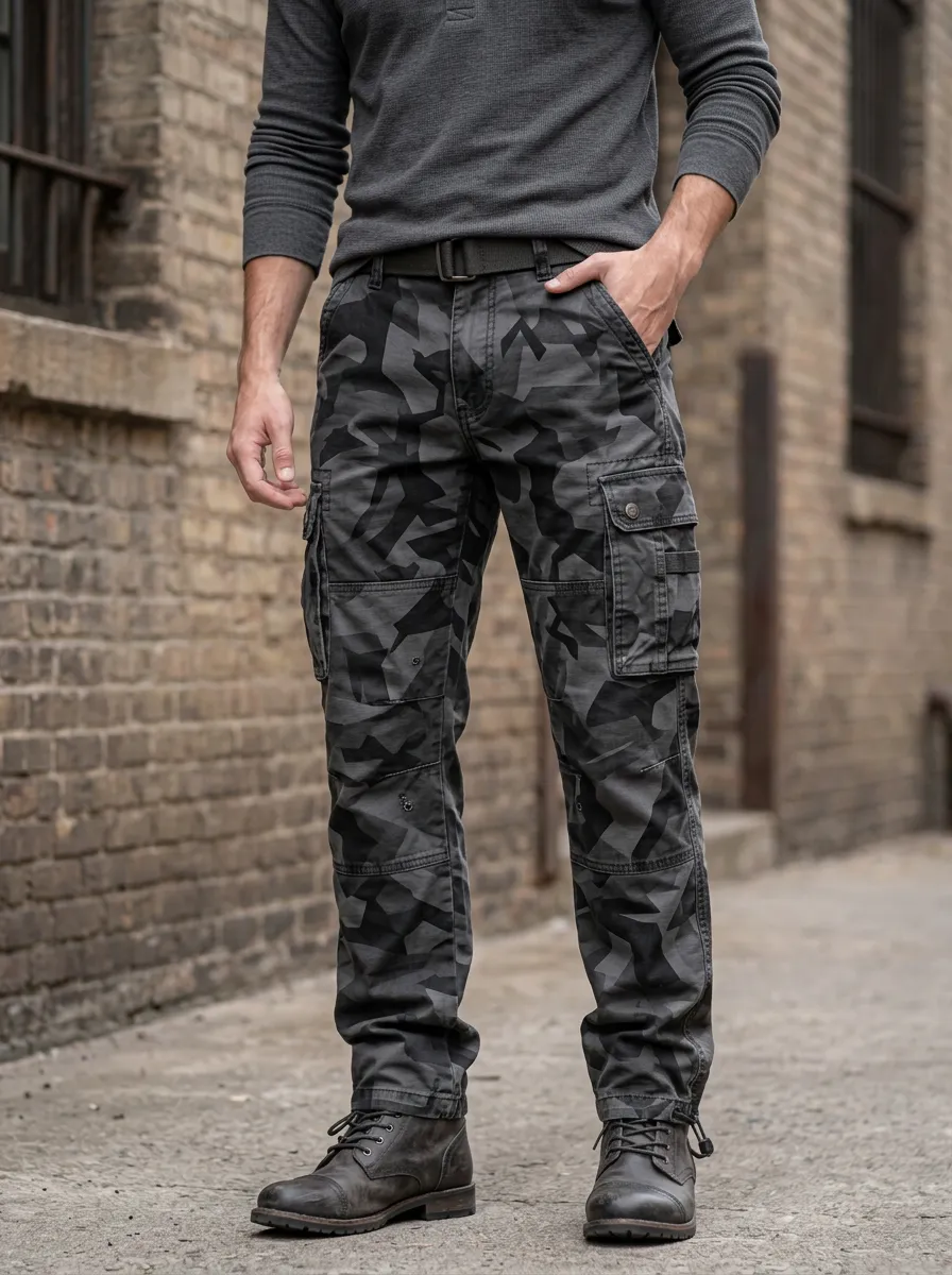 Men's Tactical Style Geometric Camo Printed Cargo Pants