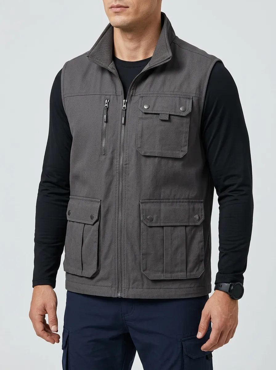 Pocket-Detailed Zip-Front Men's Sleeveless Utility Jacket
