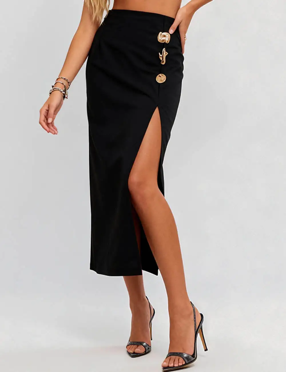 Metal Buckle Split Hip Wrap Midi Skirt