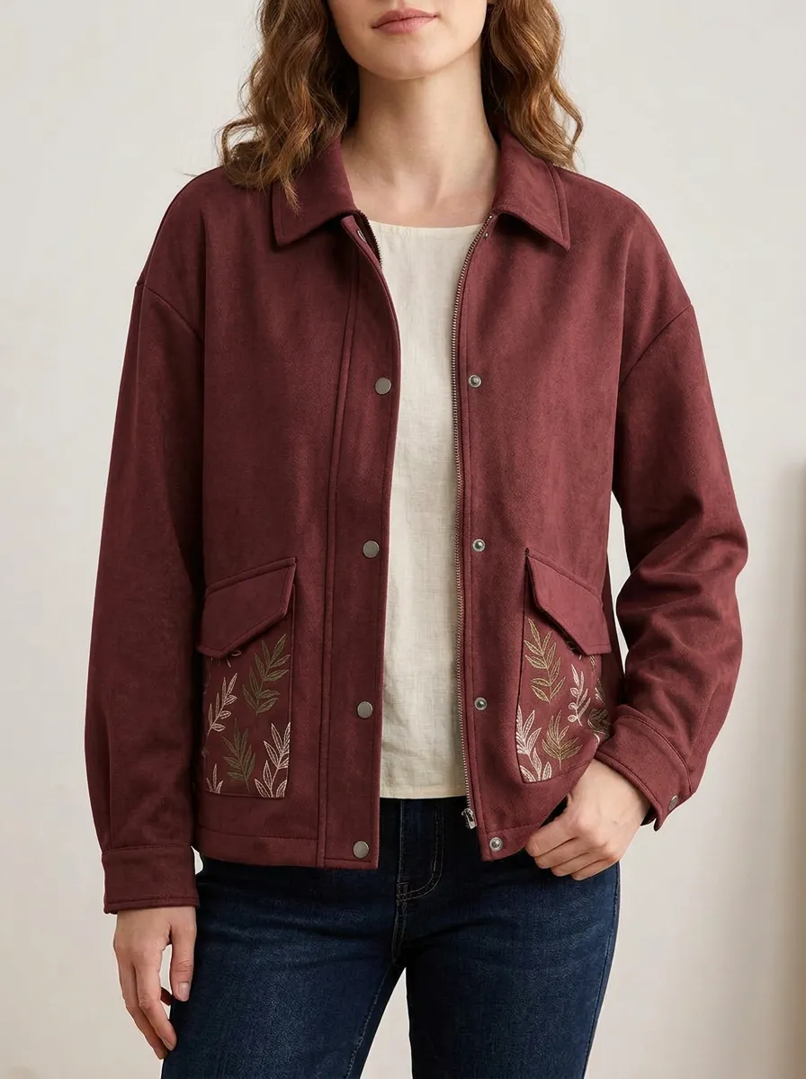 Women's Botanical Leaf Embroidered Suede Jacket