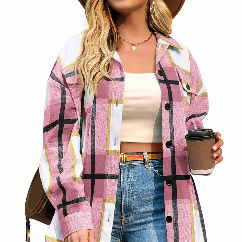 Women's Plus Size Shacket Jacket Flannel Plaid Long Sleeve Button Down Shirts Casual Fall Blouses Tops Winter Coats Winter Holiday