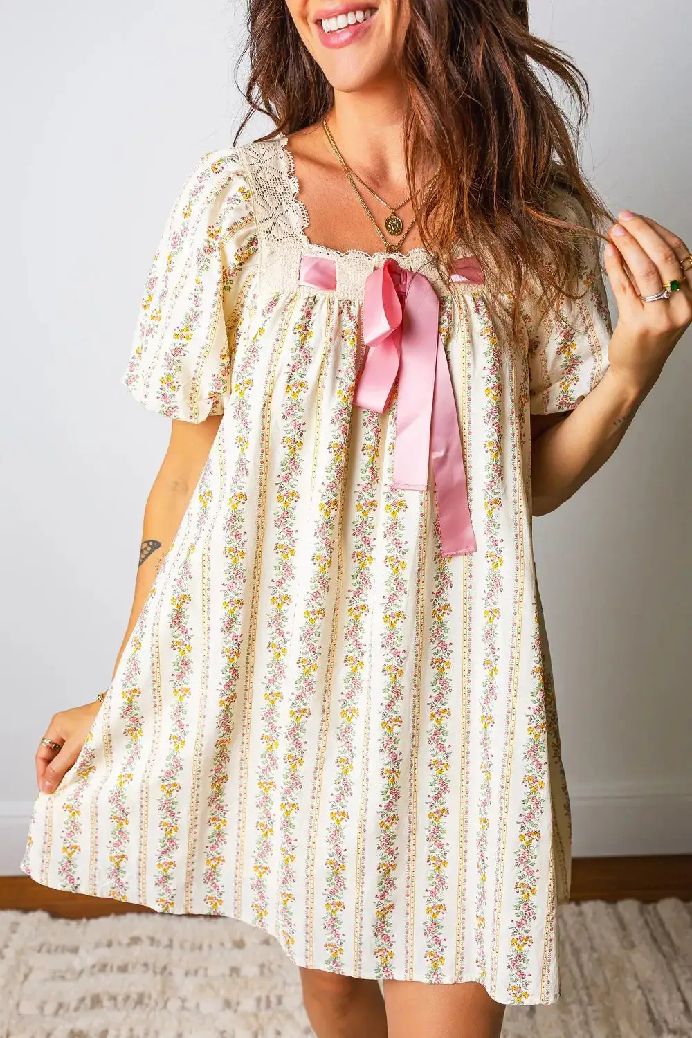 Comfort Fit Floral Printed Ribbed Mini Dress