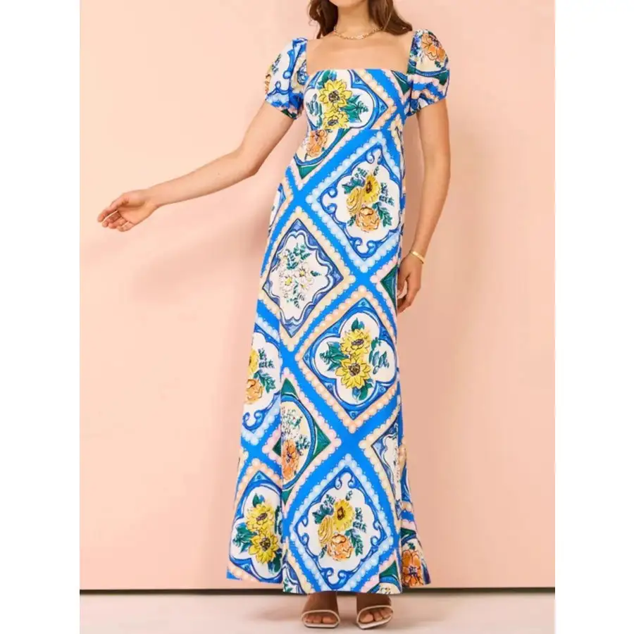 Printed Square Neck Puff Sleeve Maxi Dress