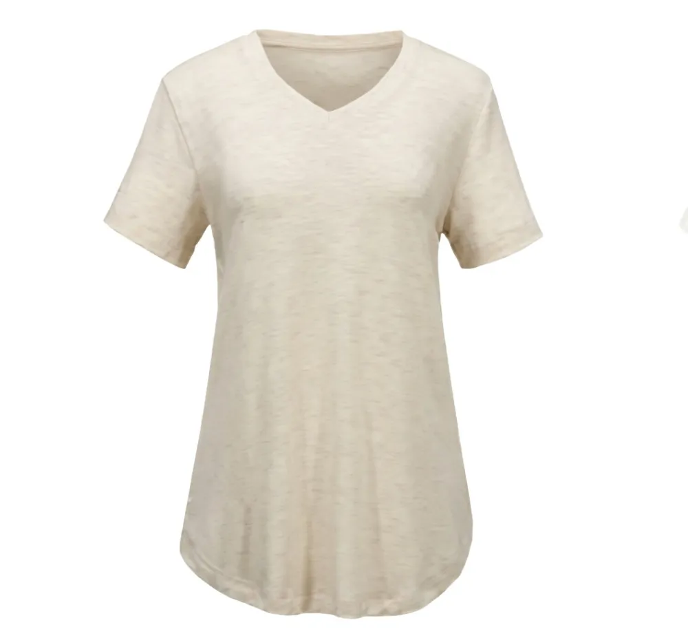 Women's Casual V-Neck Solid Color T-Shirt with Curved Hem
