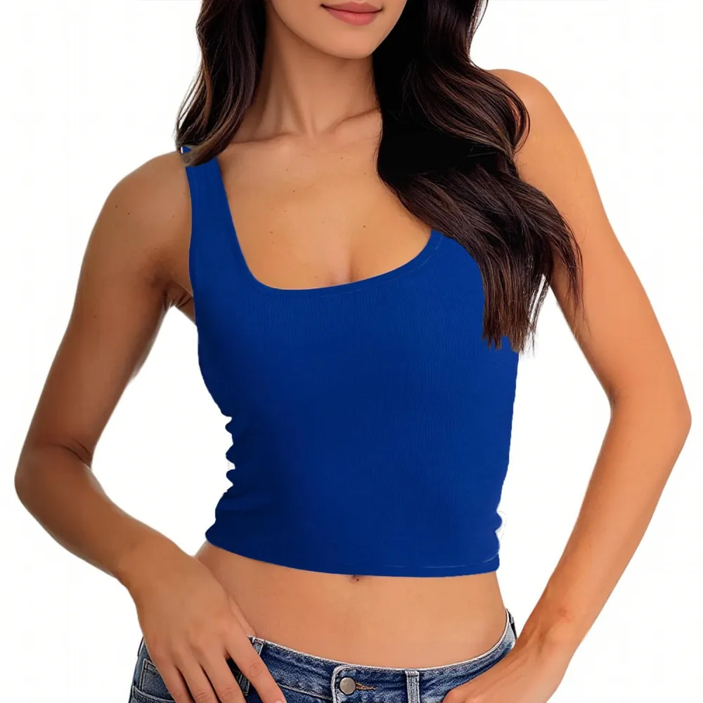 Women Rib Tank Top Padded Workout Top Square Neck Crop Tank