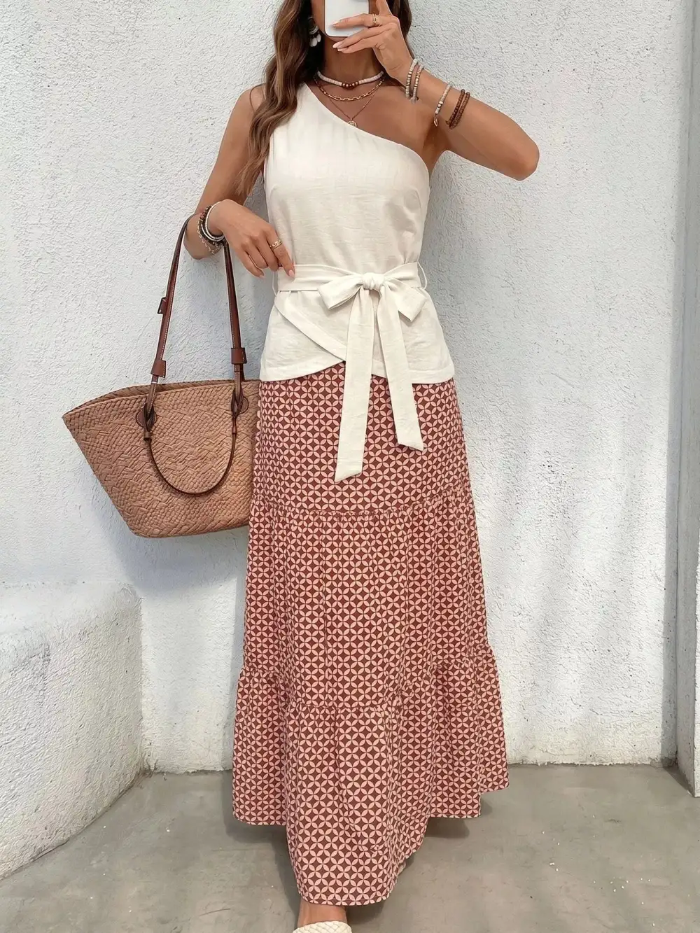 One Shoulder Printed Coordinated Set