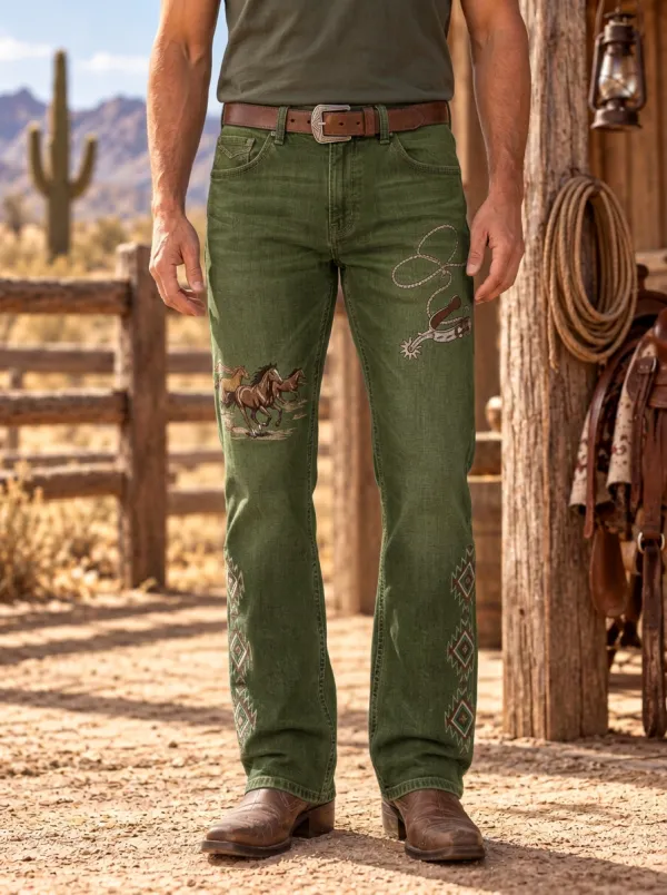 Men's Western Cowboy Horse Spur Geometric Printed Jeans