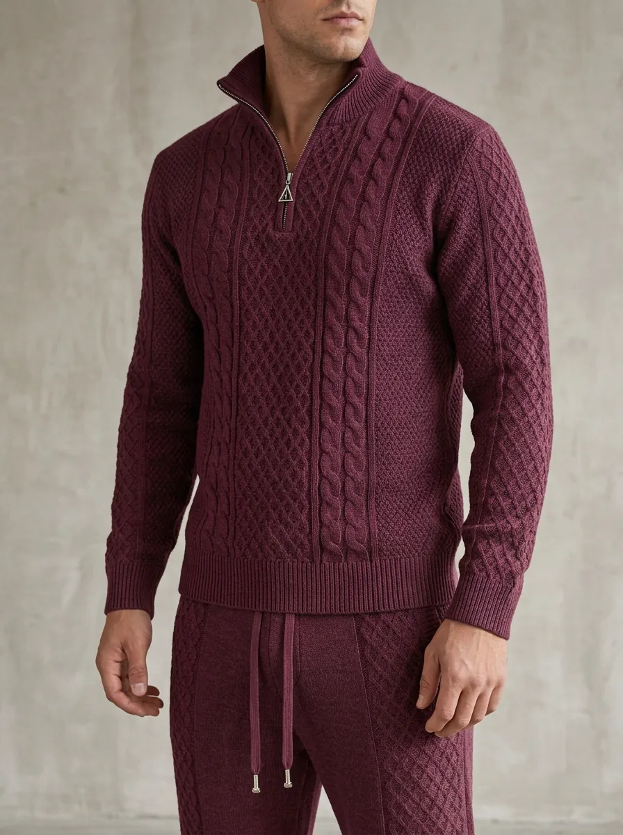 Cable-Knit Quarter-Zip Jogger Men's Quarter-Zip Knit Tracksuit Set