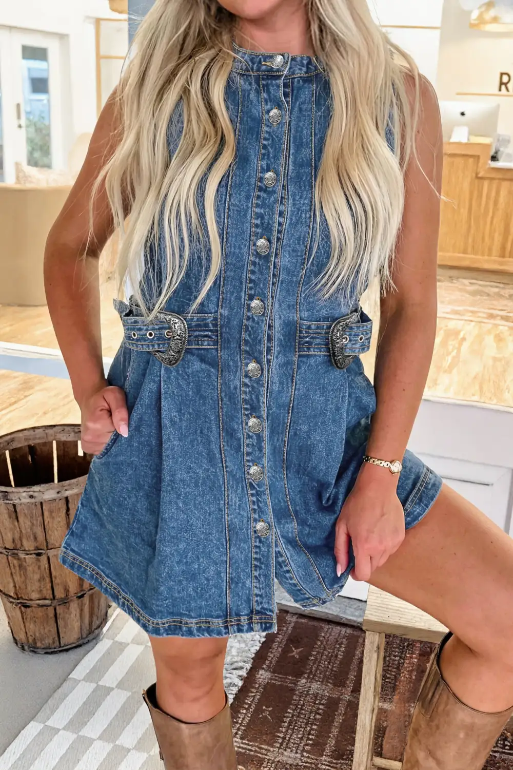 Polished Detail Denim Button Front Sleeveless Dress