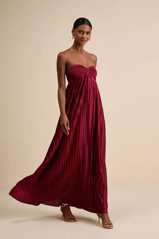 Whimsical Beauty Hot Pink Satin Plisse Strapless Maxi Dress