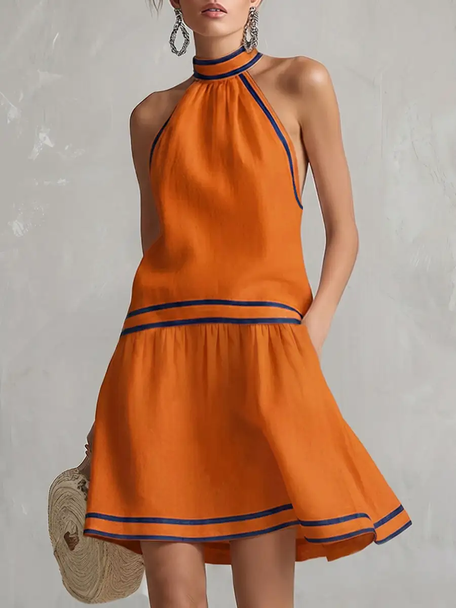 A Line Sleeveless Contrast Color Pocket Zipper Halter Neck Mini Dress