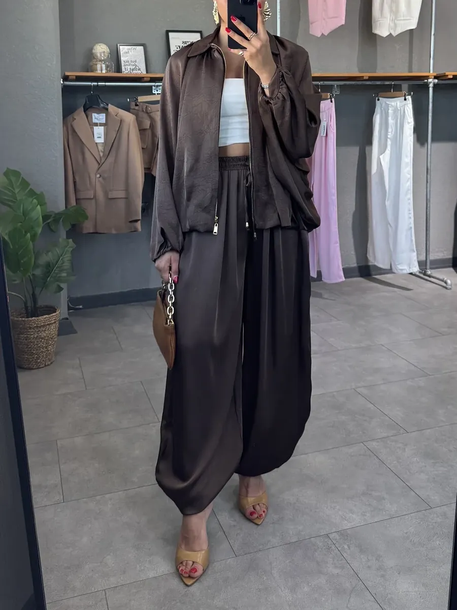 Women's solid color cross-section design casual zipper cardigan & pants set