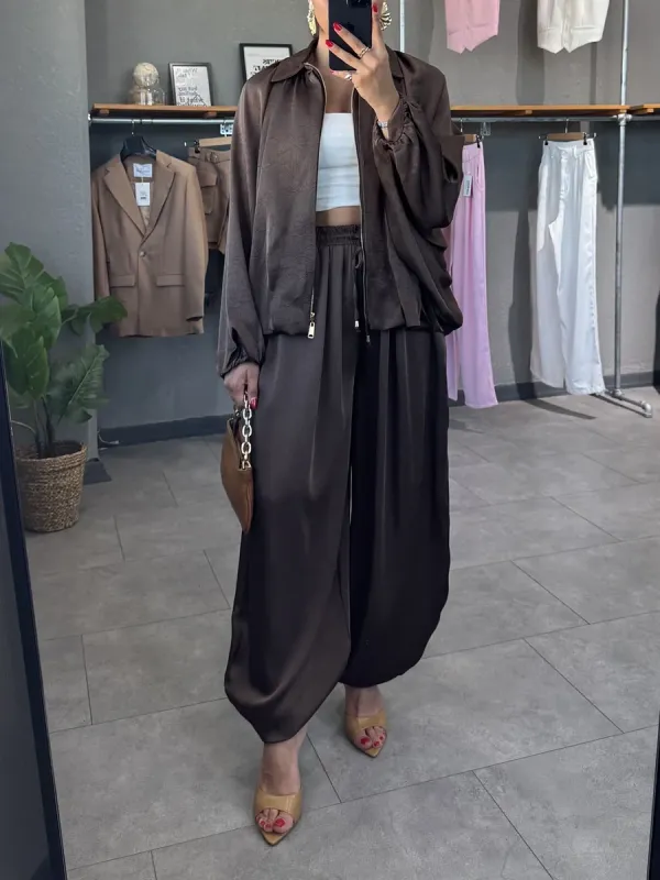 Women's solid color cross-section design casual zipper cardigan & pants set