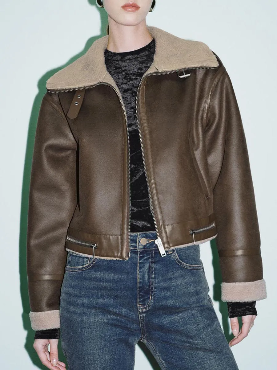 Lady's Brown Large Lapel Retro Leather Jacket