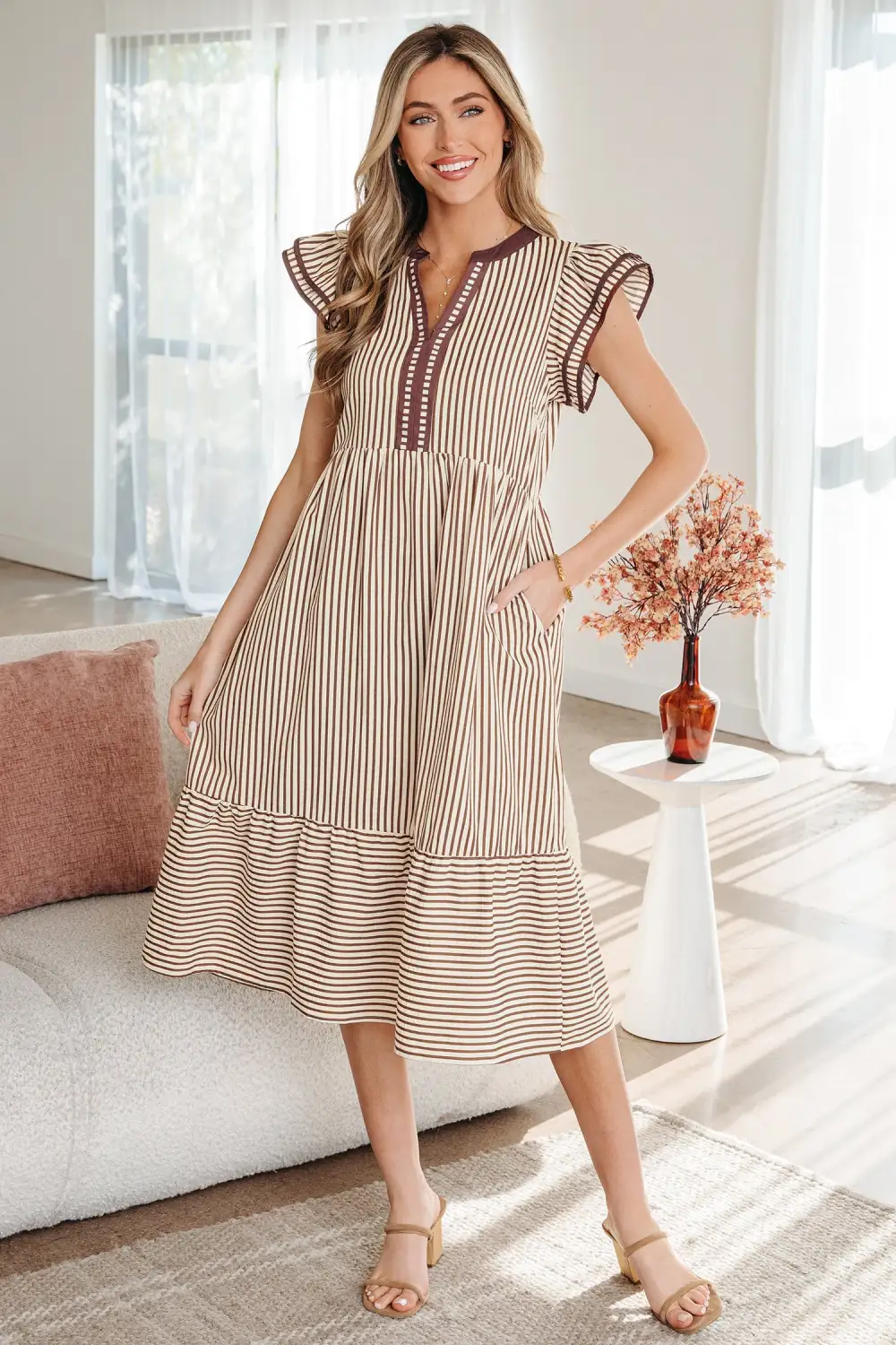 Lightweight Feel Striped V Neck Ruffle Midi Dress