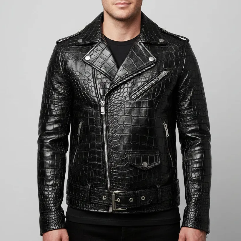 Refined Cowhide Biker Motorcycle Embossed Jacket