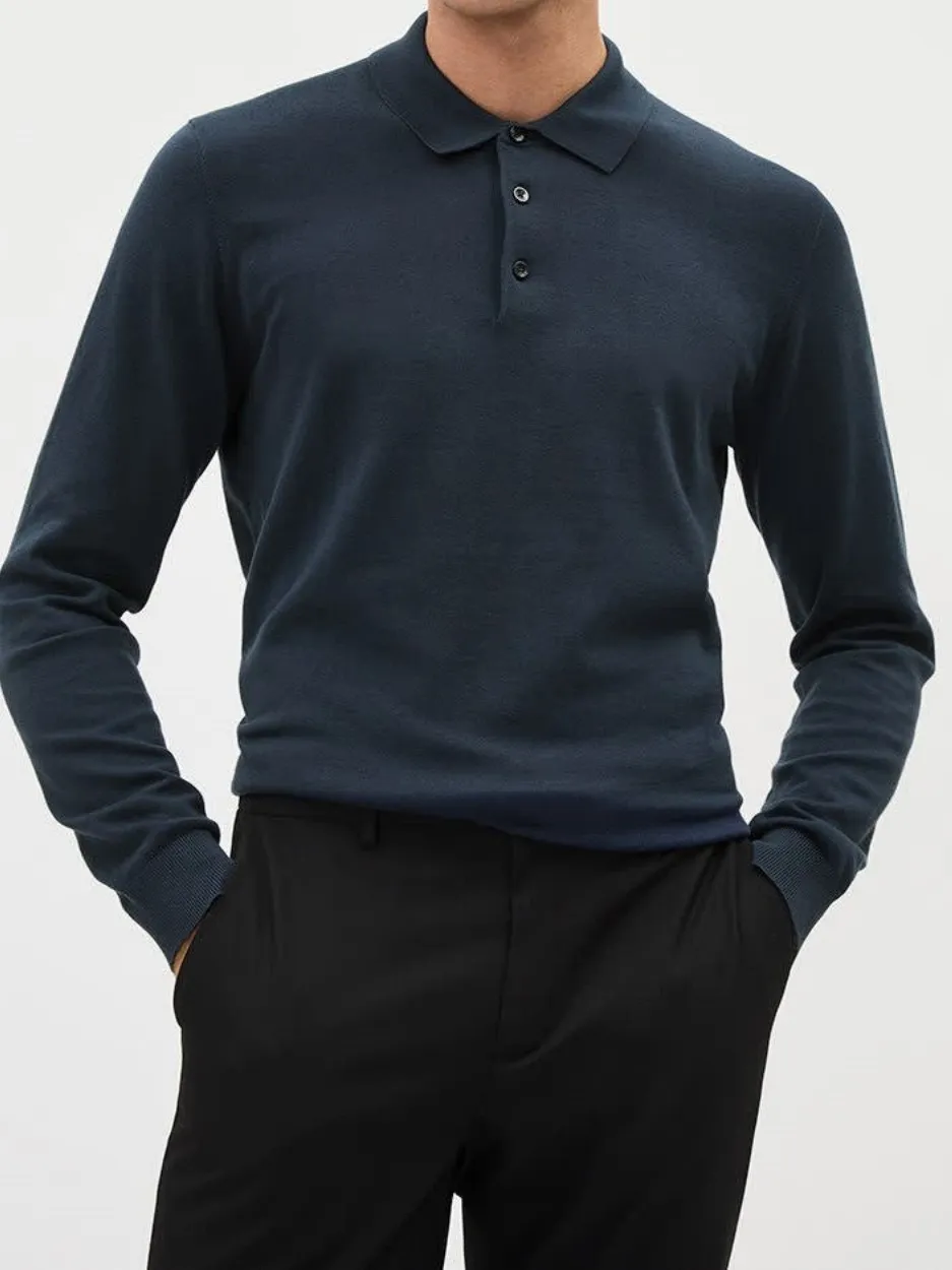 Inky Blue Cotton Long-Sleeve Polo Sweater