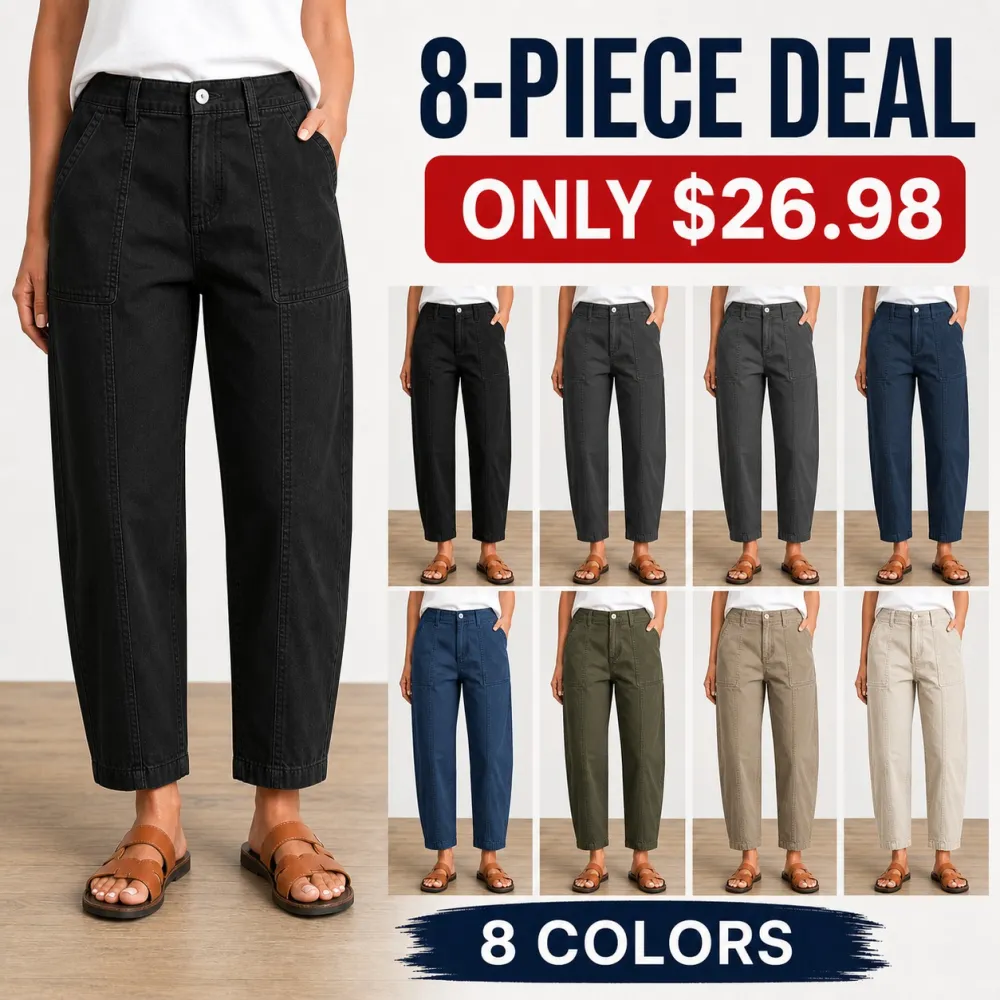 Women's Solid Stitch Detail Mid Waist Barrel Crop Pants