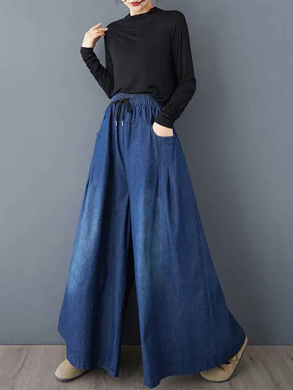 High Waist Relaxed Fit Wide Leg Pleated Drawstring Elastic Waist Pocket Jeans