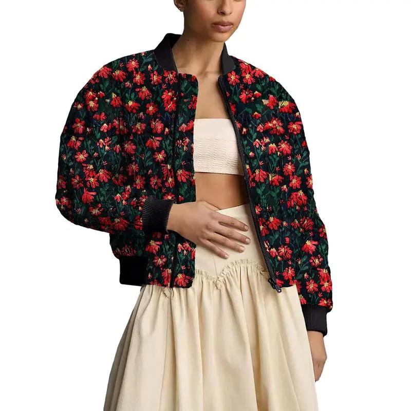 Women's Ramie Linen Embroidered Daisy Cropped Bomber Jacket with Quilted Puffer Sleeves & Two Side Pockets Outerwear