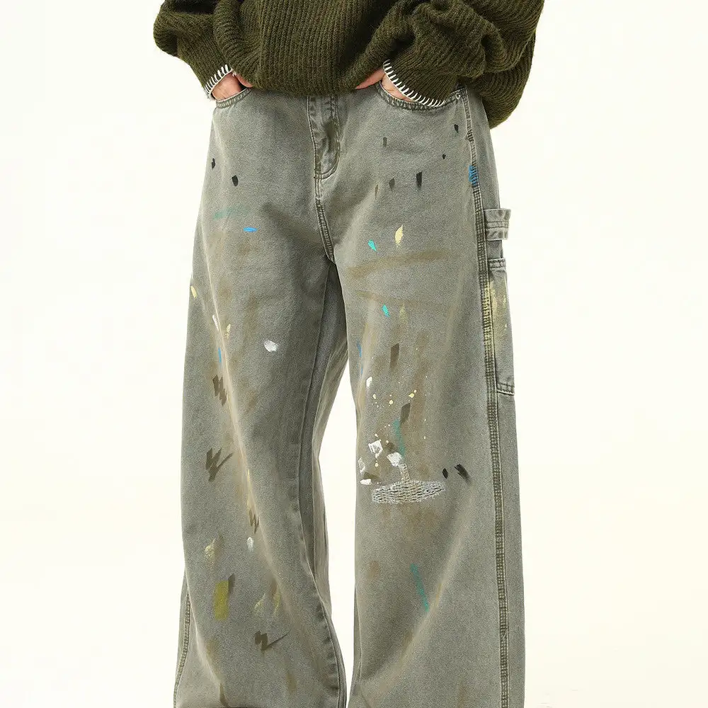 Distressed Splash Print Wide Leg Jeans