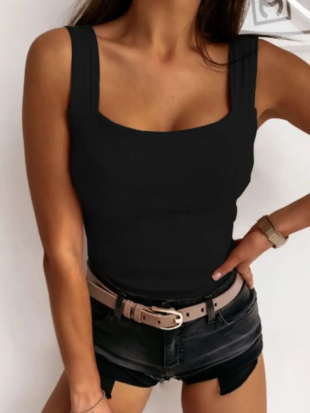 Square Neck Wide Strap Tank Polyester Blend
