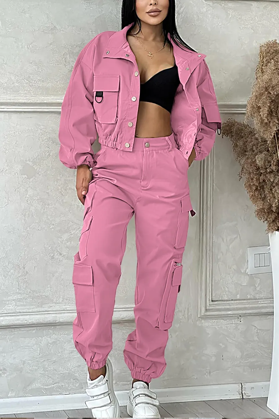 9PACK- Solid Color Pocket Jacket & Pants Two-piece Set