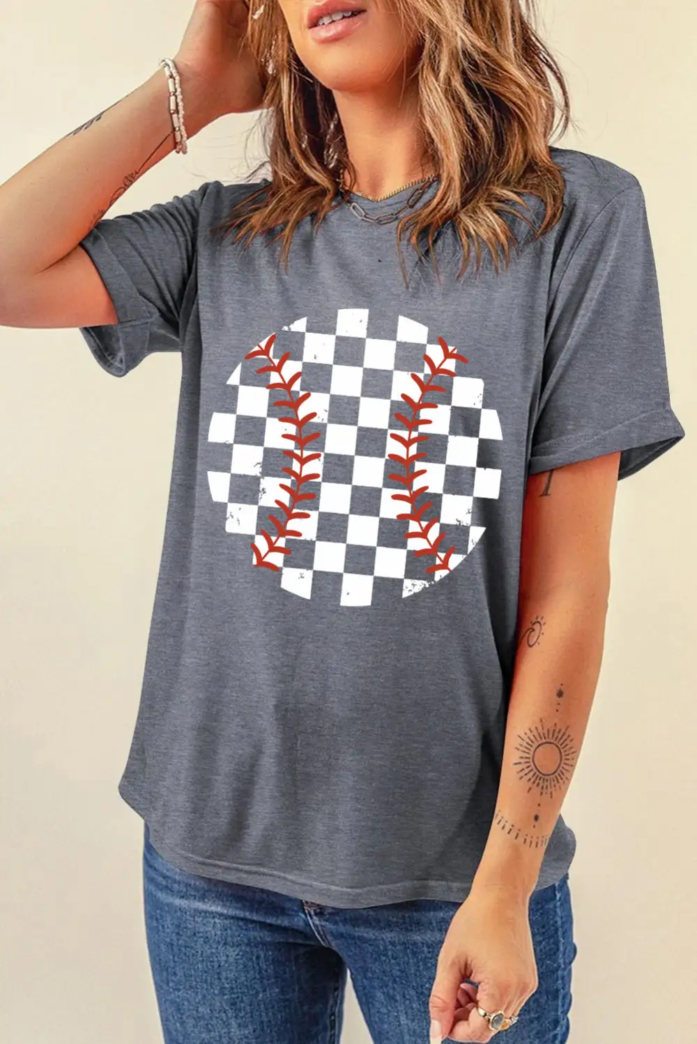 Gray Vintage Checkered Baseball Graphic