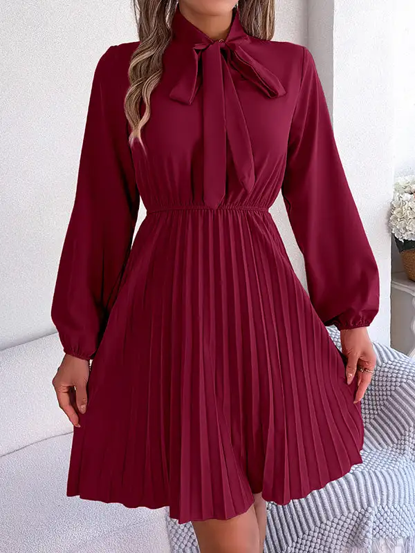 Long Sleeve Relaxed Pleated Solid Color Tied Mock Neck Mini Dress