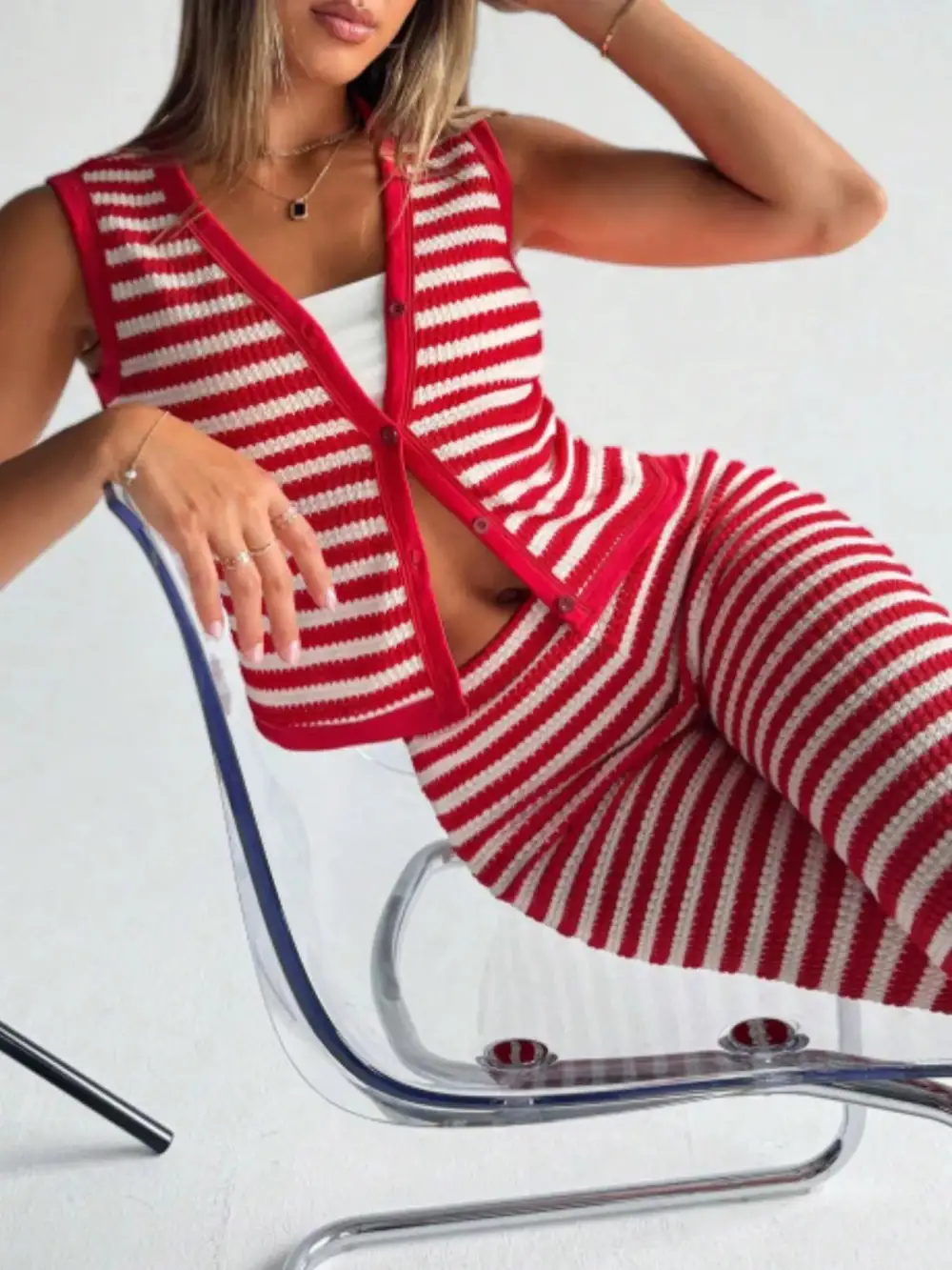 Striped Knit V Neck Button Up Sleeveless Top and Flare Pants Set