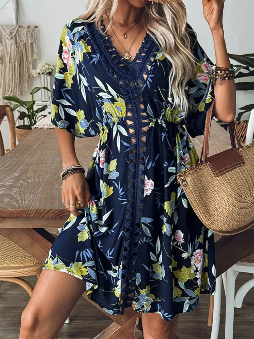 Crochet Front V Neck Printed Swim Cover Up