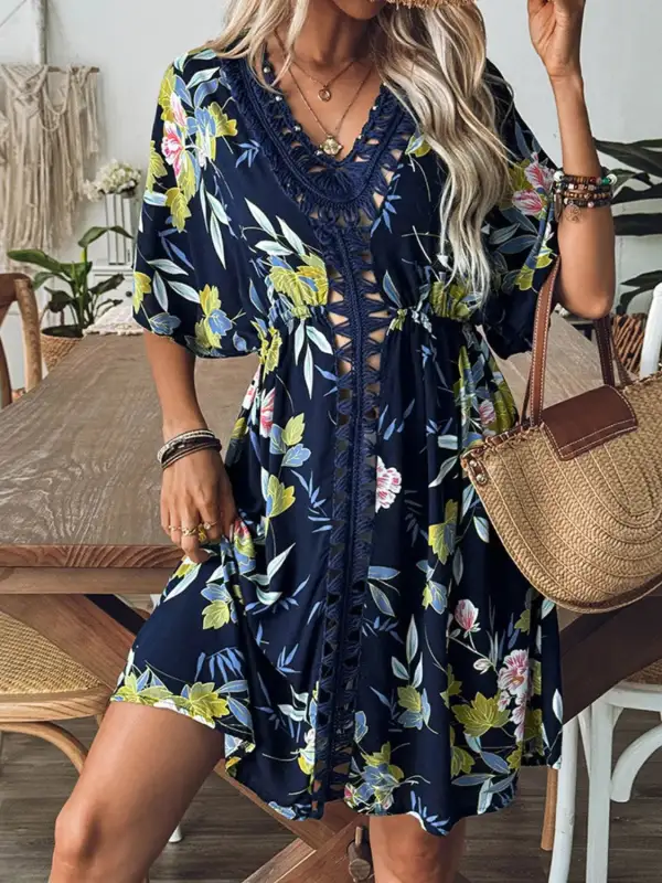 Crochet Front V Neck Printed Swim Cover Up